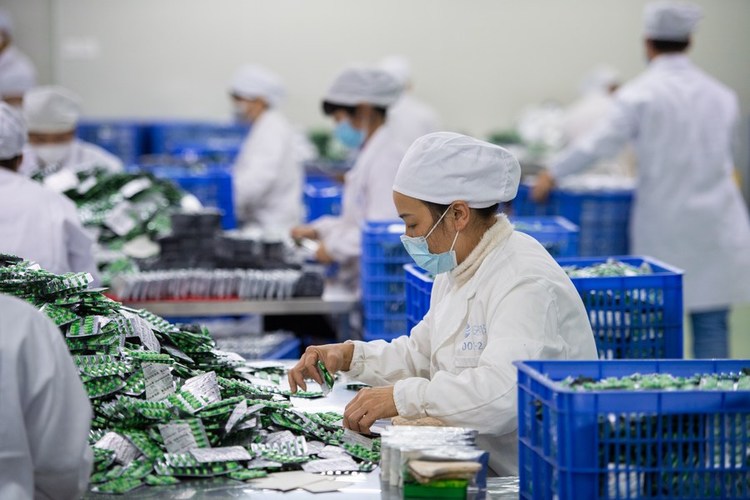 Staff members pack medicines at a pharmaceutical company in central China's Hunan Province, Dec. 19, 2022. (Xinhua/Chen Sihan)