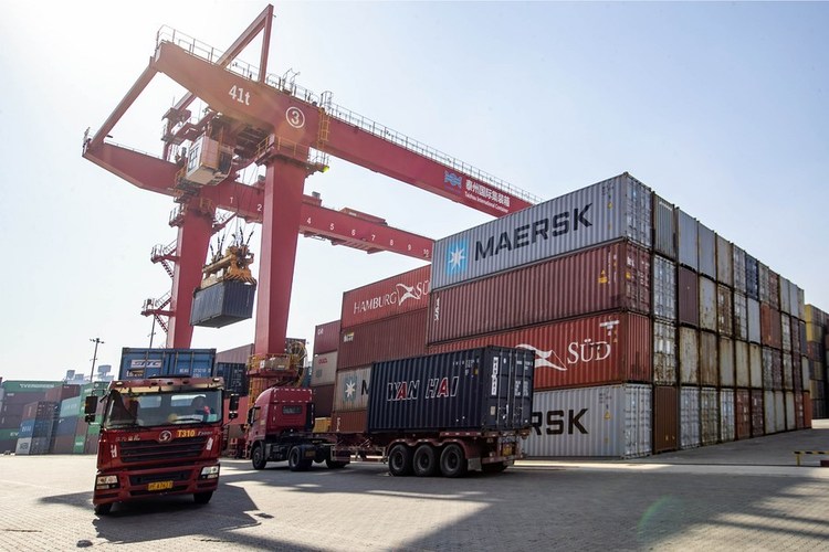 Trucks transport containers at the international container terminal of Taizhou Port in Taizhou, east China's Jiangsu Province, Jan. 17, 2023. (Photo by Tang Dehong/Xinhua)
