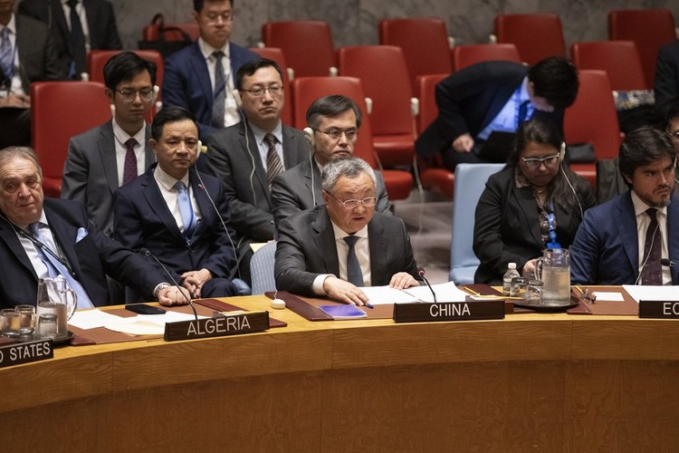 Fu Cong (C, front), China's permanent representative to the United Nations, speaks at the UN Security Council's high-level open debate on the Palestinian-Israeli issue at the UN headquarters in New York, on April 18, 2024. (Xinhua/Xie E)