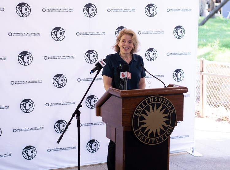 Brandie Smith, John and Adrienne Mars Director of the Smithsonian's National Zoo and Conservation Biology Institute, speaks during a press conference at Smithsonian's National Zoo in Washington, D.C., the United States, on May 29, 2024. (Xinhua/Liu Jie)