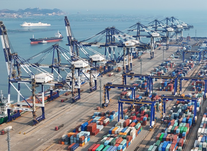 This photo taken on Dec. 10, 2024 shows a view of the international container terminal at Yantai Port in east China's Shandong Province. China's total goods imports and exports expanded 4.9 percent year on year in yuan terms in the first 11 months of the year, official data showed Tuesday. (Photo by Tang Ke/Xinhua)