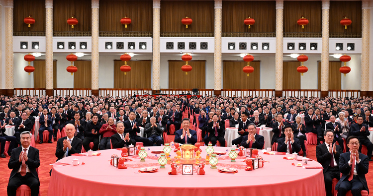 Party and state leaders Xi Jinping, Li Qiang, Zhao Leji, Wang Huning, Cai Qi, Ding Xuexiang, Li Xi and Han Zheng attend a high-level reception to ring in the Chinese New Year at the Great Hall of the People in Beijing, capital of China, Jan. 27, 2025. (Xinhua/Xie Huanchi)