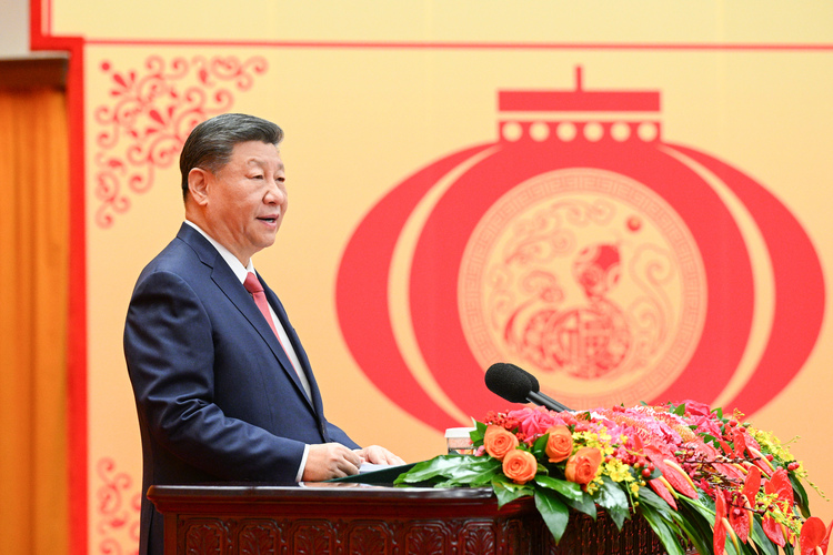 Chinese President Xi Jinping, also general secretary of the Communist Party of China (CPC) Central Committee and chairman of the Central Military Commission, delivers a speech at a high-level reception to ring in the Chinese New Year at the Great Hall of the People in Beijing, capital of China, Jan. 27, 2025. (Xinhua/Li Xueren)