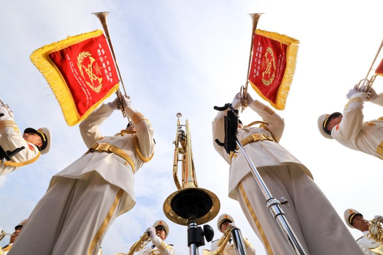 Members of the joint military band of the Chinese People's Liberation Army take part in a training for the upcoming V-Day military parade in Beijing, capital of China, Aug. 12, 2025. (Xinhua/Yin Gang)