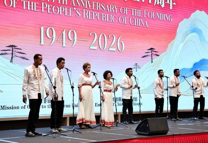 Singers stage a performance during a reception to celebrate the 77th anniversary of the founding of the People's Republic of China in Addis Ababa, Ethiopia, on Sept. 24, 2026. (Xinhua/Geng Xinning)