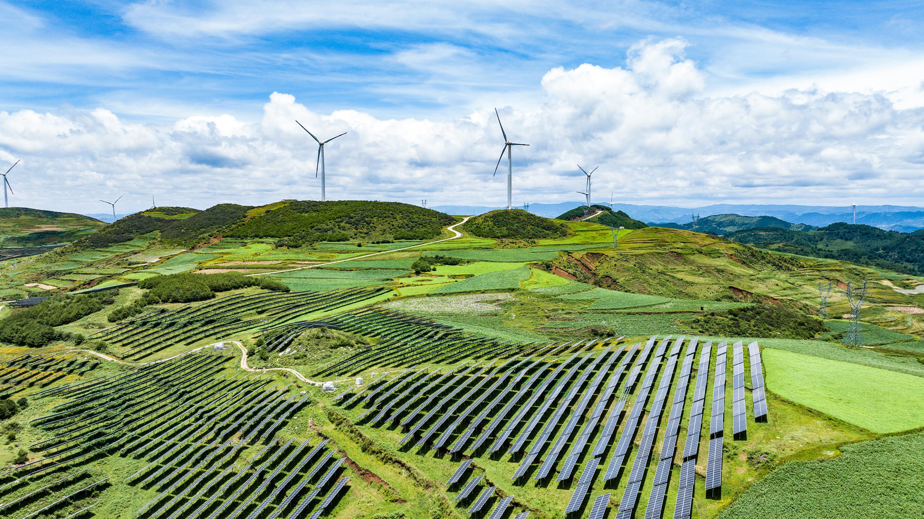 An aerial drone photo taken on July 3, 2025 shows a solar power station for agricultural use in Weining County, southwest China's Guizhou Province. (Xinhua/Tao Liang)