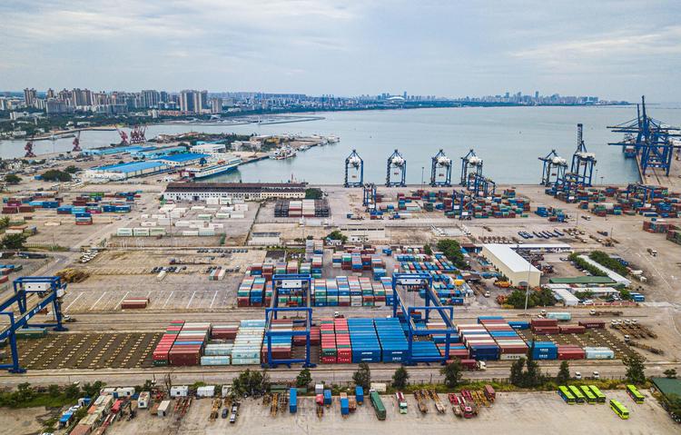 An aerial drone photo taken on June 17, 2026 shows a container terminal at Haikou Port in Haikou, south China's Hainan Province. (Xinhua/Pu Xiaoxu)